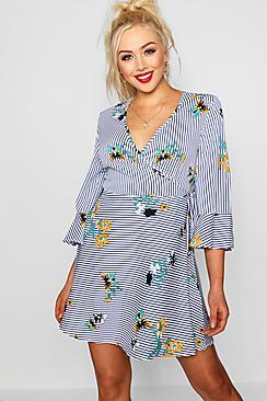 Boohoo Michelle Stripe & Floral Wrap Dress