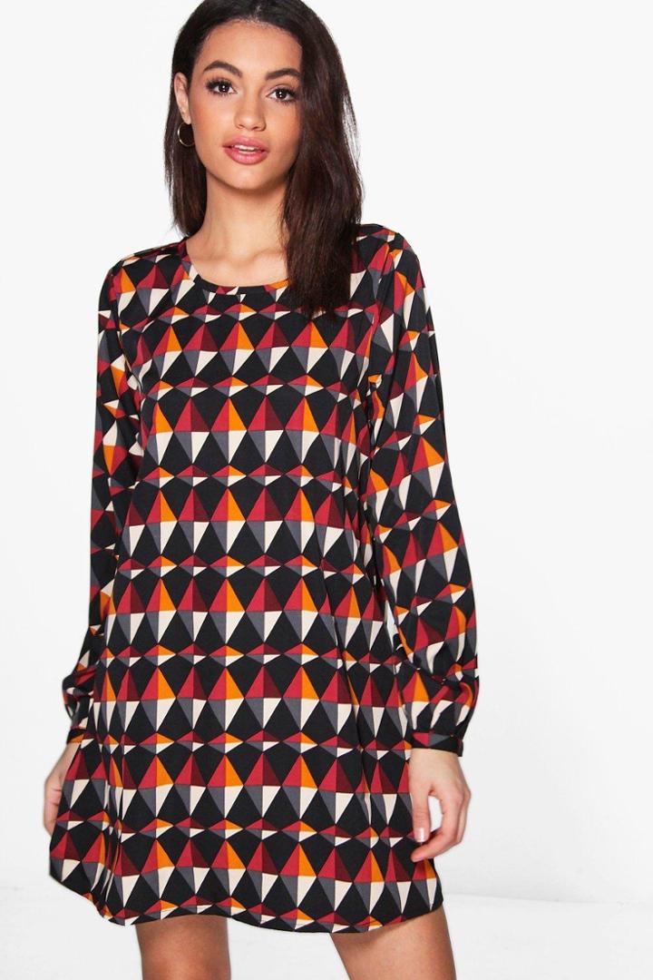 Boohoo Mona Long Sleeve Printed Swing Dress Black