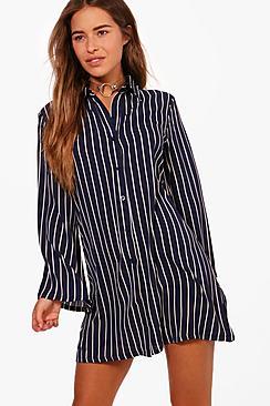 Boohoo Petite Cara Bell Sleeve Stripe Shirt Dress