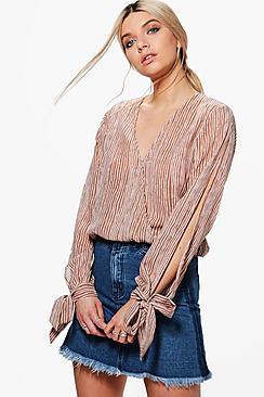 Boohoo Emma Stripe Wrap Front Tie Sleeve Blouse