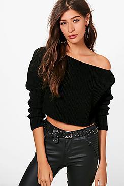 Boohoo Leah Crop Slash Neck Jumper