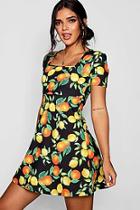 Boohoo Nova Citrus Print Puff Sleeve Skater Dress