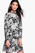 Boohoo Raelyn Floral High Neck Swing Dress Black