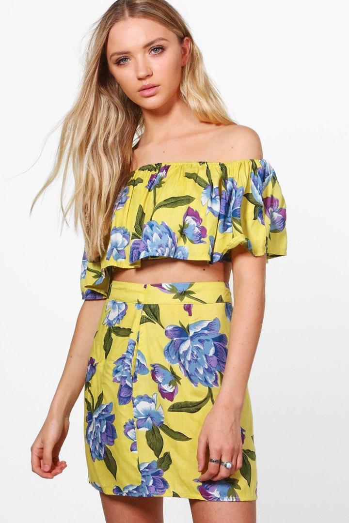 Boohoo Belle Woven Floral Off The Shoulder Skirt Co-ord Set Multi
