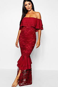Boohoo Lace Off The Shoulder Maxi Dress