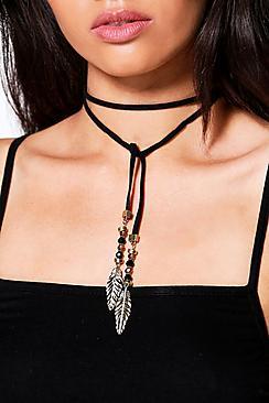 Boohoo Connie Leaf Drop Suedette Tie Choker
