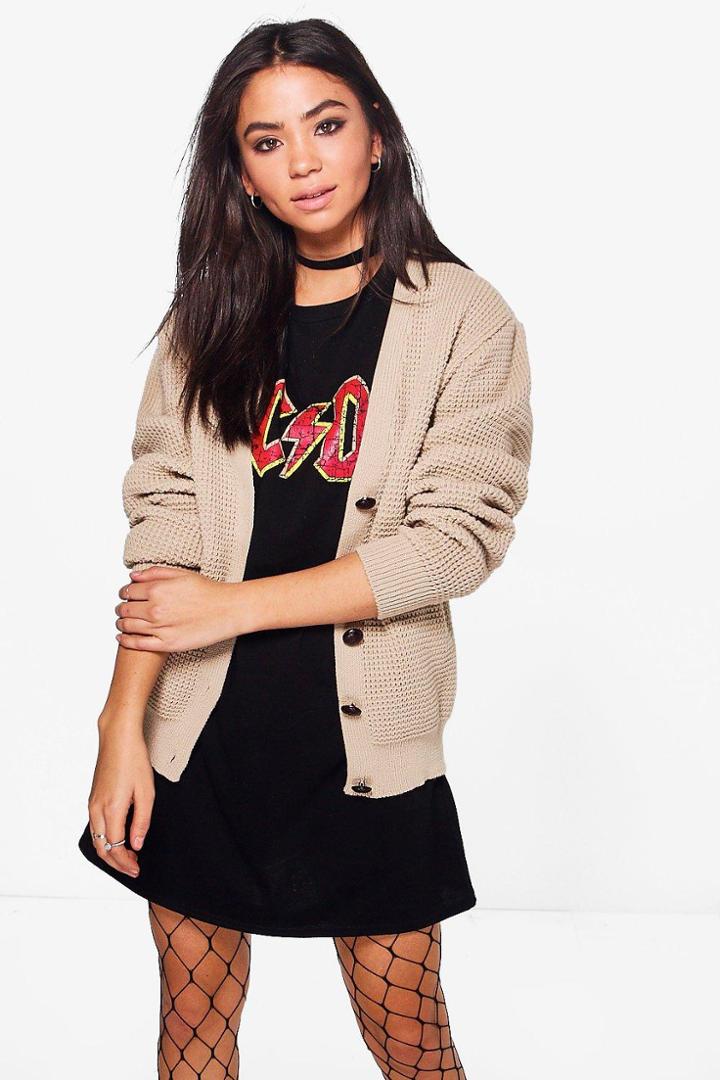 Boohoo Rachel Oversized Button Waffle Boyfriend Cardi Stone