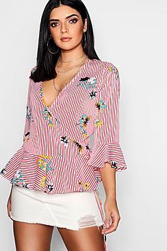 Boohoo Floral + Stripe Ruffle Hem Wrap Top