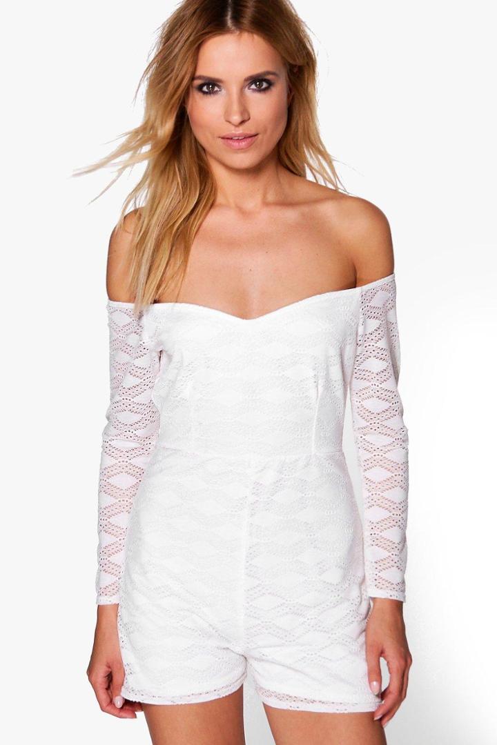 Boohoo Jenny Off The Shoulder Lace Playsuit Ivory