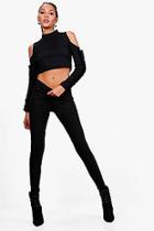 Boohoo Sally Ribbed Cold Shoulder & Ruffle Legging Set