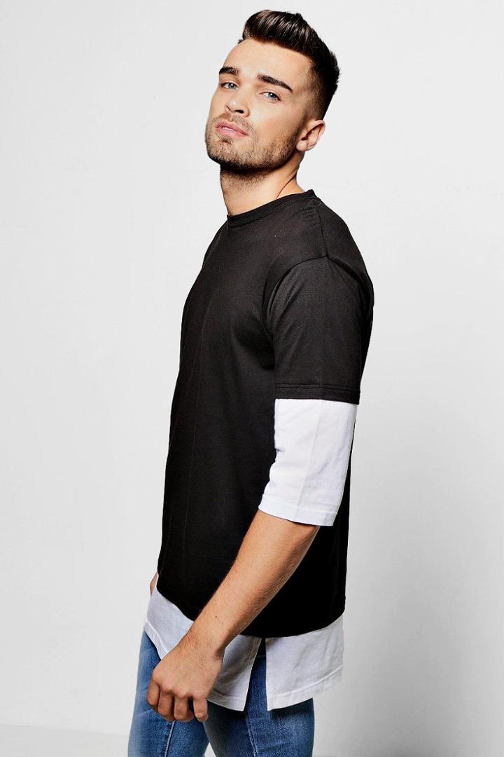 Boohoo Faux Layer 3/4 Sleeve T Shirt Black