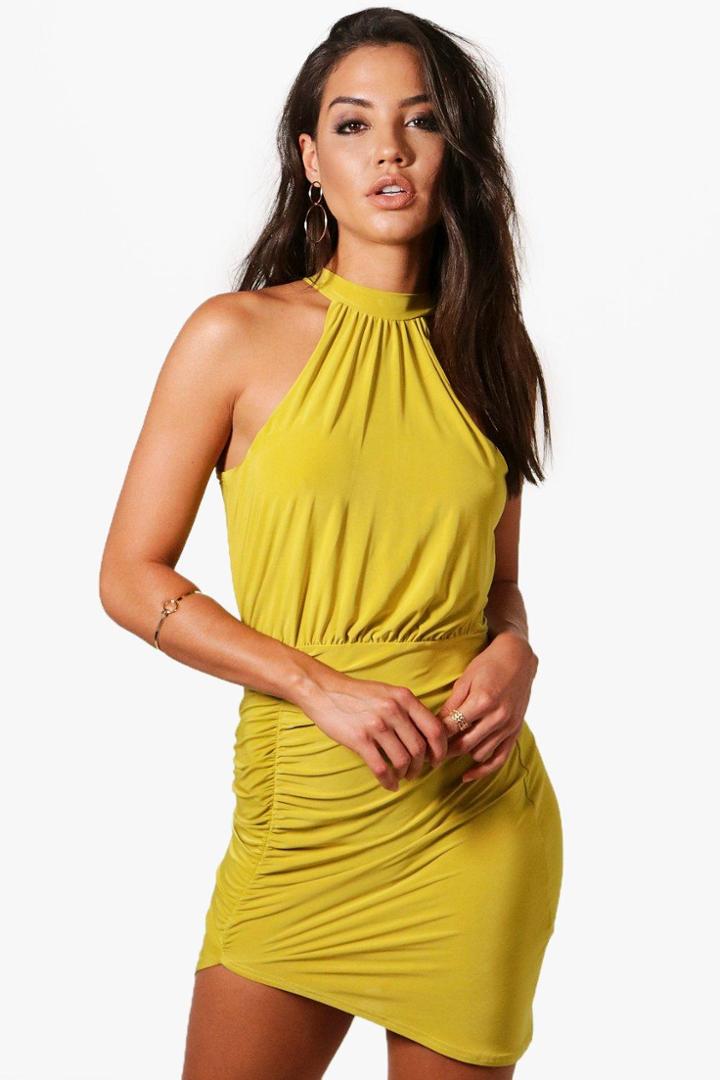 Boohoo Chris Slinky High Neck Bodycon Dress Chartreuse