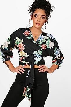 Boohoo Anna Oriental Floral Print Wrap Blouse