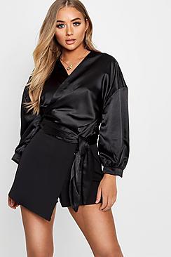 Boohoo Emma Satin Wrap Cuff Detail Blouse