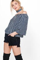 Boohoo Charlie Striped Choker Bardot Top Navy