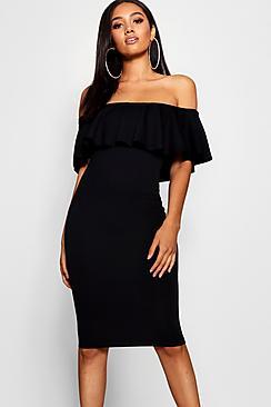 Boohoo Petite Bardot Frill Midi Dress