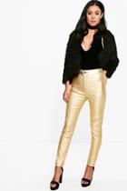 Boohoo Avah Metallic Coated Super Skinny Highwaist Trousers Gold