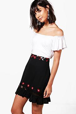 Boohoo Embroidered Ruffle Hem Woven Skirt
