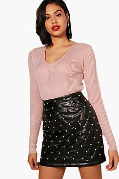 Boohoo Metallic Rib V-neck Side Split Jumper