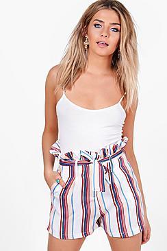 Boohoo Laura Stripe Paperbag Belted Shorts