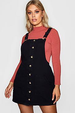Boohoo Plus Horn Button Denim Pinafore Dress