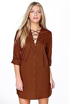 Boohoo Hannah Lace Up Collar Cotton Shirt Dress