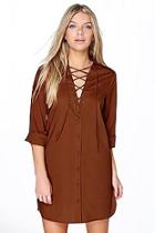 Boohoo Hannah Lace Up Collar Cotton Shirt Dress
