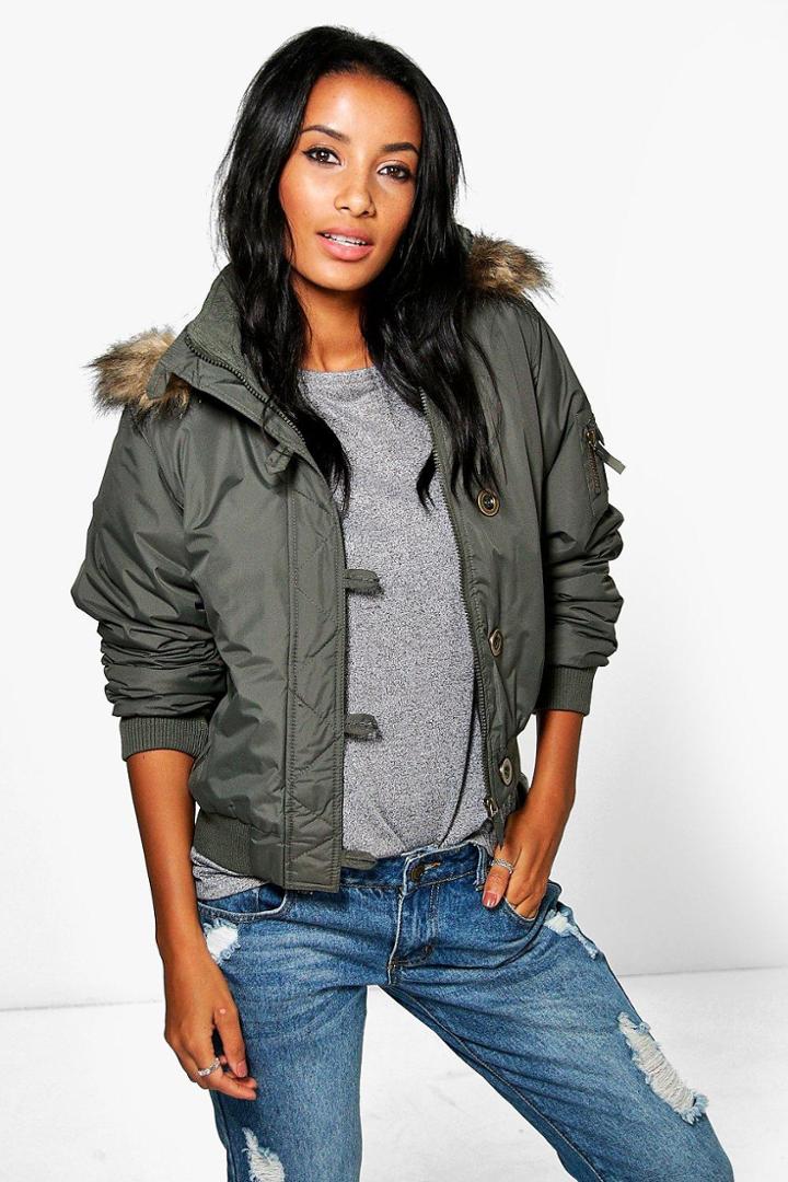 Boohoo Amelia Button Down Short Parka Khaki