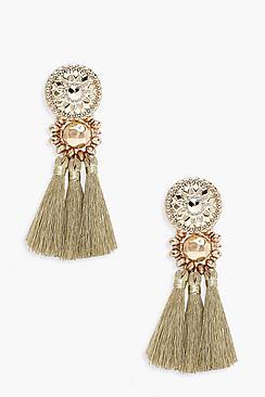 Boohoo Megan Floral Metallic Tassel Bead Statement Earrings