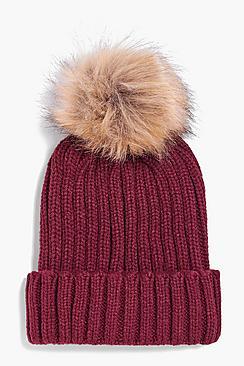 Boohoo Matilda Detachable Faux Fur Pom Beanie Hat