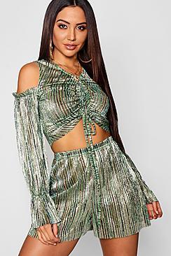 Boohoo Metallic Ruched Front Volume Sleeve Top + Short Co-ord