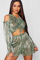 Boohoo Metallic Ruched Front Volume Sleeve Top + Short Co-ord