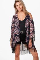 Boohoo Valerie Western Print Cold Shoulder Tassel Kimono Multi