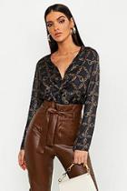 Boohoo Satin Chain Print Knot Front Blouse