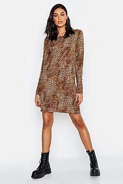 Boohoo Tall Leopard Print Pleated Shift Dress