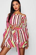 Boohoo Kenoy Stripe Bardot Top Frill Skirt Co-ord Set