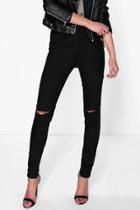 Boohoo Lara High Waisted Knee Rip Jeans Black