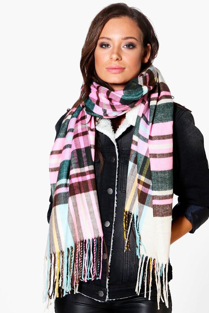 Boohoo Hannah Supersoft Brushed Knit Tartan Scarf Pink