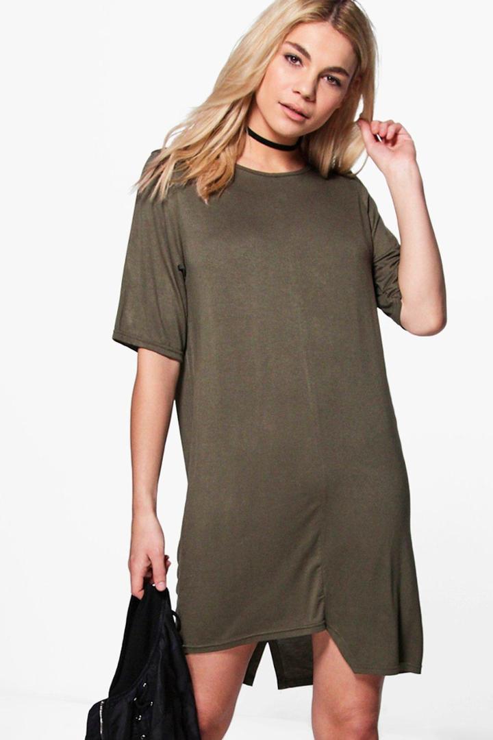 Boohoo Zandra Stepped Hem T-shirt Dress Khaki