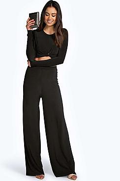 Boohoo Aaliyah Slinky Top Knot Palazzo Co Ord Set