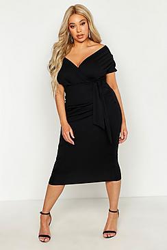 Boohoo Plus Bardot Wrap Front Belted Midi Dress