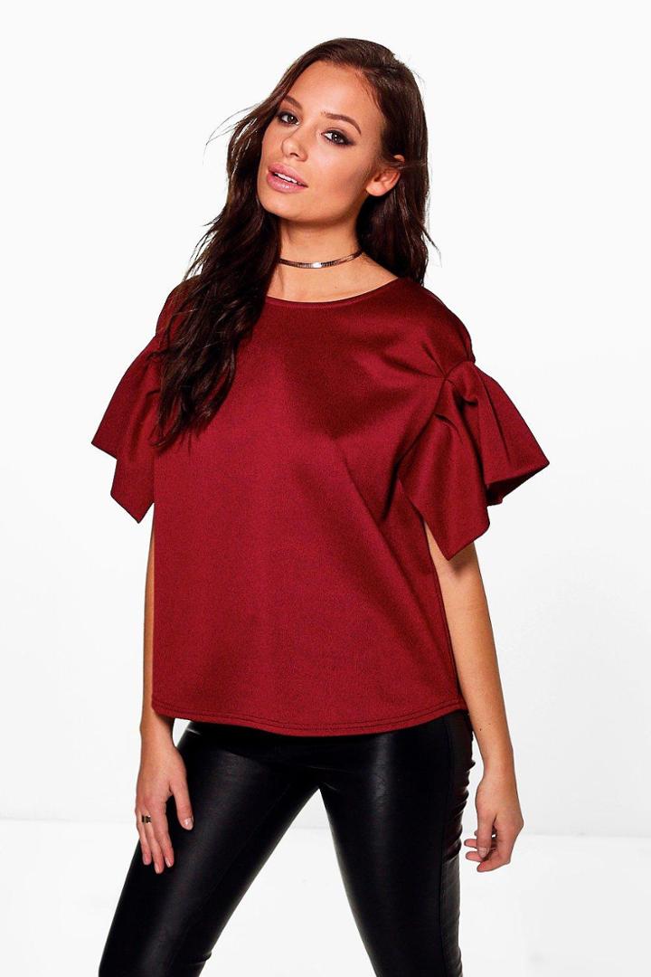 Boohoo Georgina Pleated Short Sleeve Scuba Top Wine