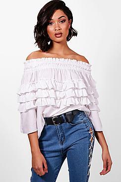 Boohoo Tall Micro Ruffle Off The Shoulder Top