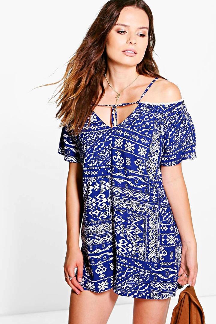 Boohoo Helen Off The Shoulder Printed Playsuit Blue