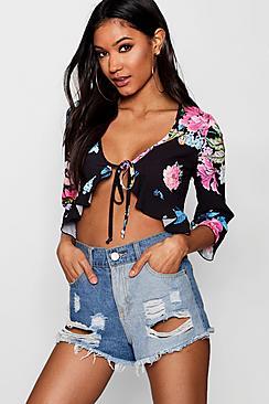 Boohoo Martha Floral Peplum Frill Tie Front