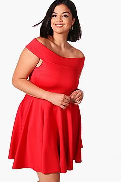 Boohoo Plus Rachel Off The Shoulder Skater Dress