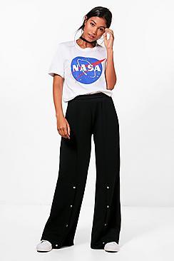 Boohoo Annie Popper Front Crepe Wide Leg Trousers