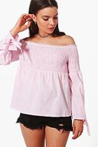Boohoo Molly Woven Stripe Off The Shoulder Top