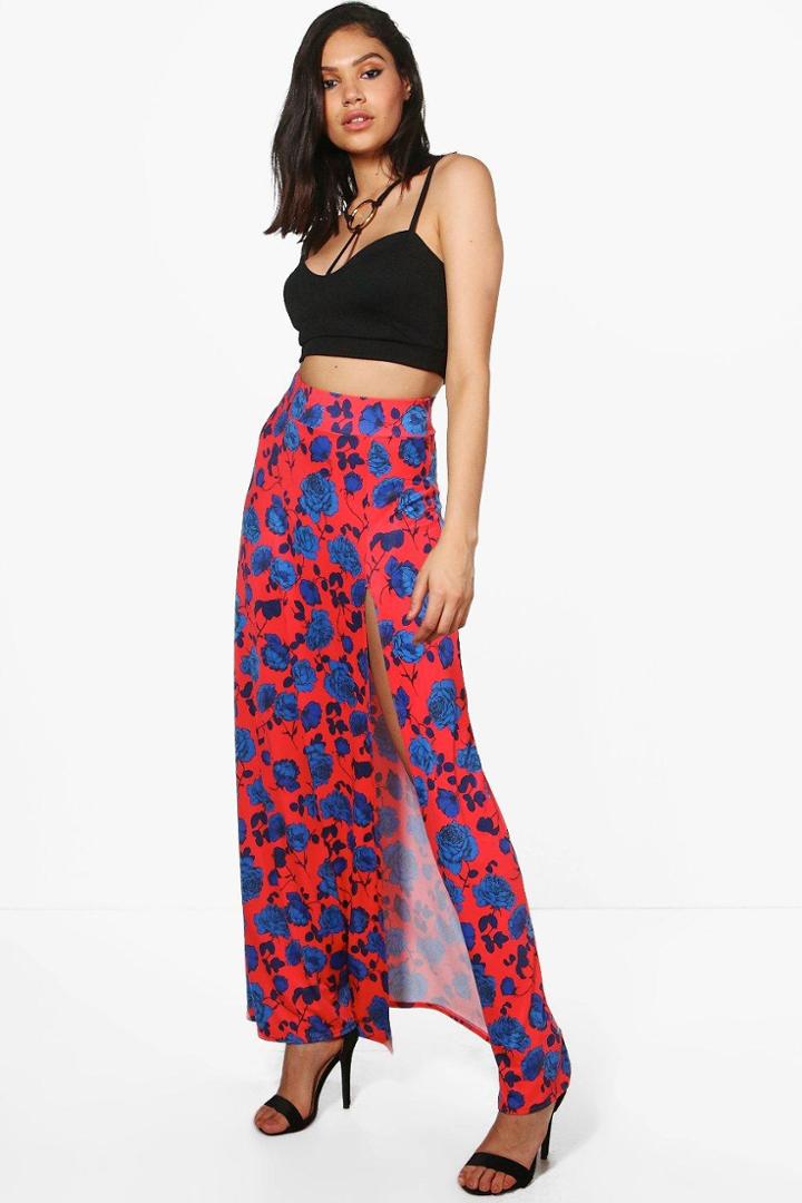 Boohoo Dixie Floral Thigh Split Full Maxi Skirt Red