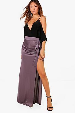 Boohoo Slinky Bow & Split Extreme Maxi Skirt